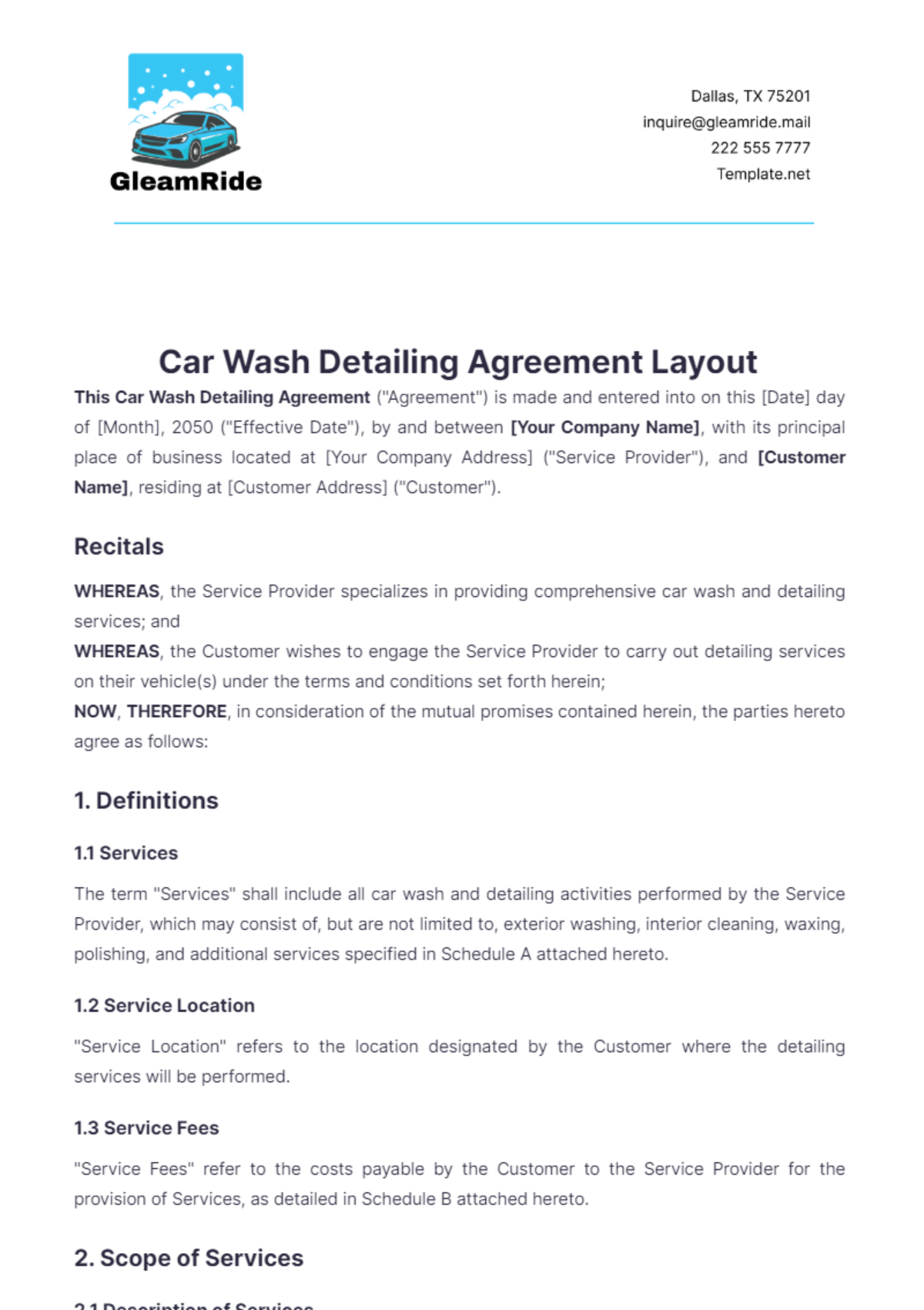 Car Wash Detailing Agreement Layout Template - Edit Online & Download