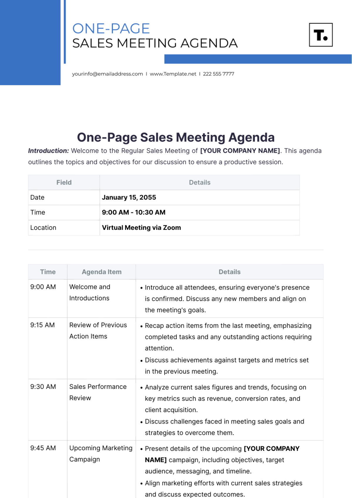 One-Page Sales Meeting Agenda Template - Edit Online & Download