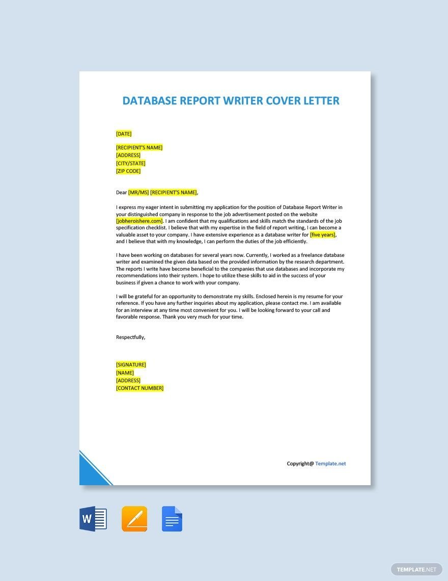 Database Report Writer Cover Letter
