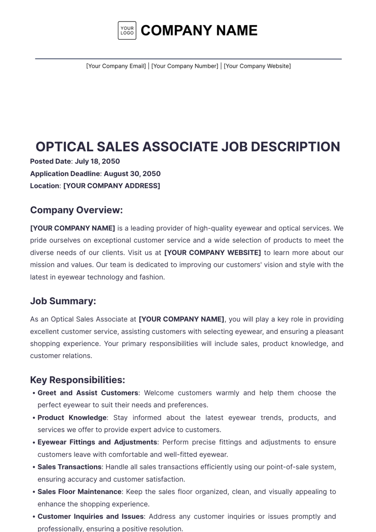 Optical Sales Associate Job Description Template - Edit Online & Download