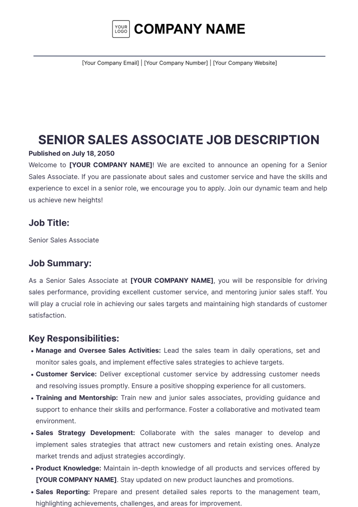 Senior Sales Associate Job Description Template - Edit Online & Download