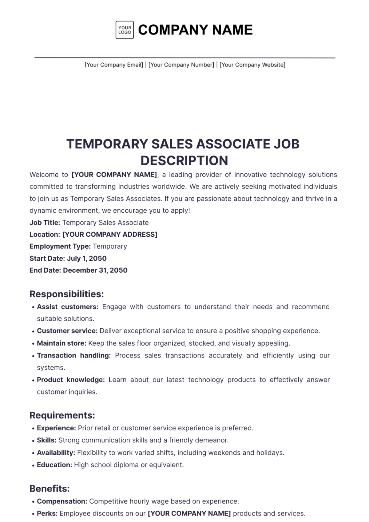 Temporary Sales Associate Job Description Template - Edit Online & Download