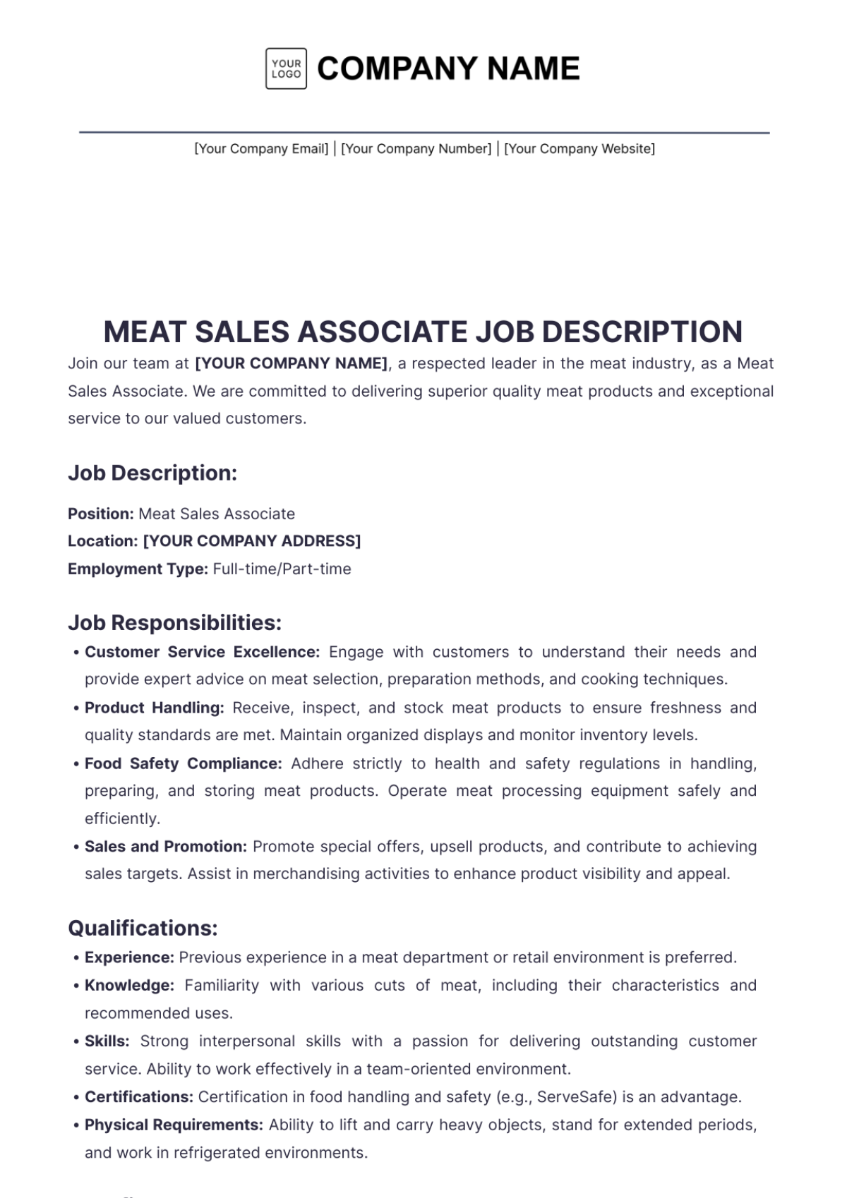 Meat Sales Associate Job Description Template - Edit Online & Download