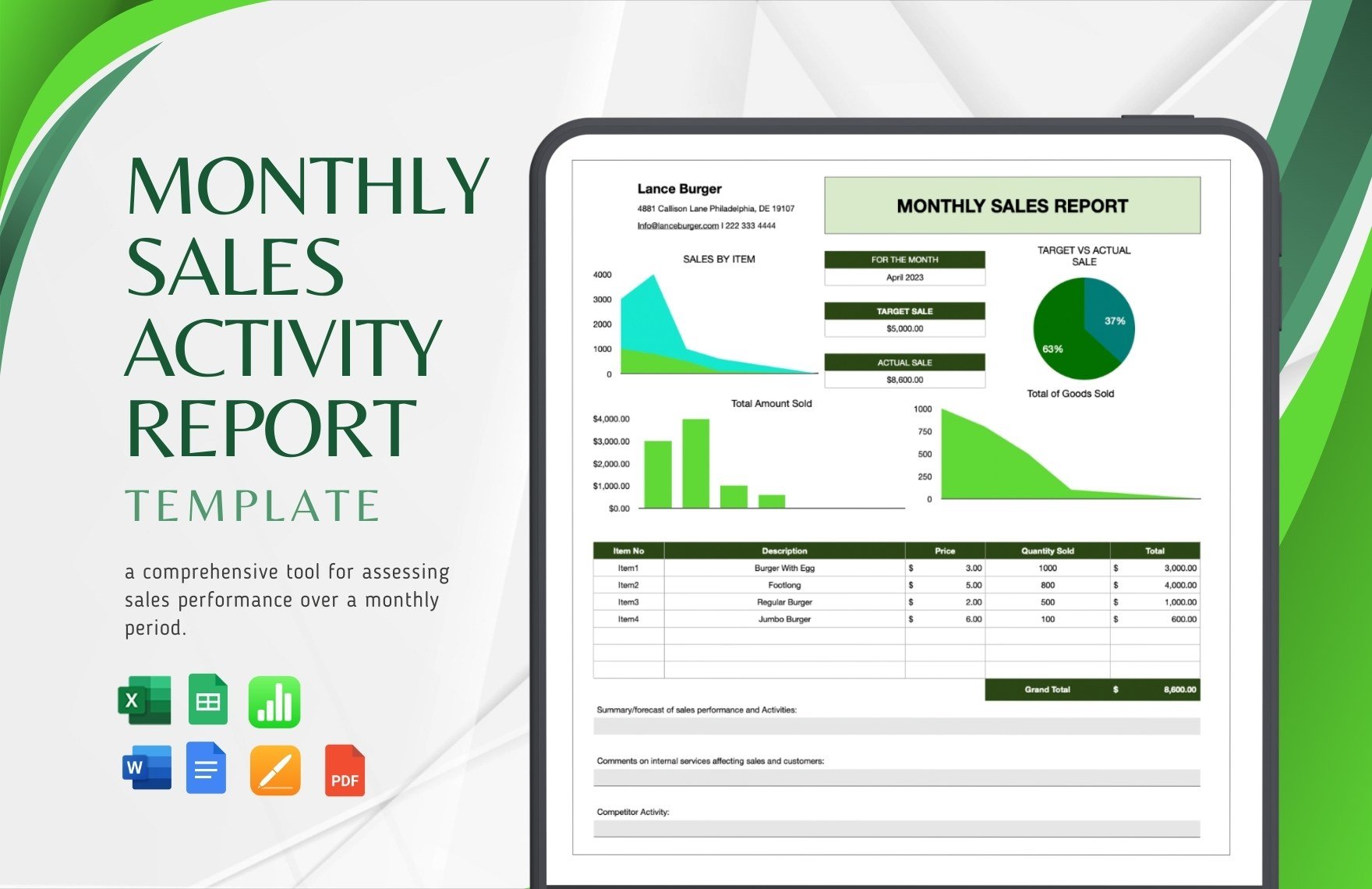 Monthly Sales Activity Report Template in Word, Google Docs, Excel, PDF, Google Sheets, Apple Pages, Apple Numbers