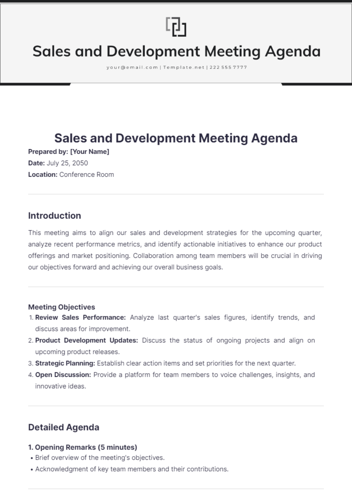 Sales and Development Meeting Agenda Template - Edit Online & Download