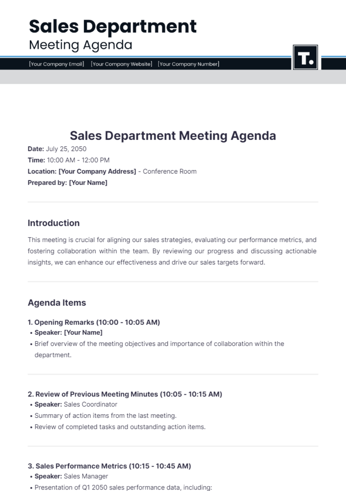 Sales Department Meeting Agenda Template - Edit Online & Download