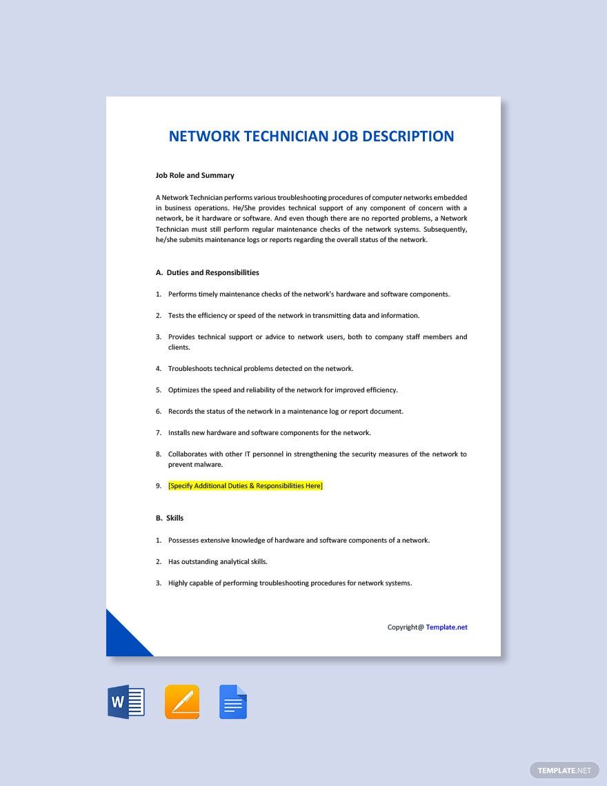 Network Technician Job Ad/Description Template