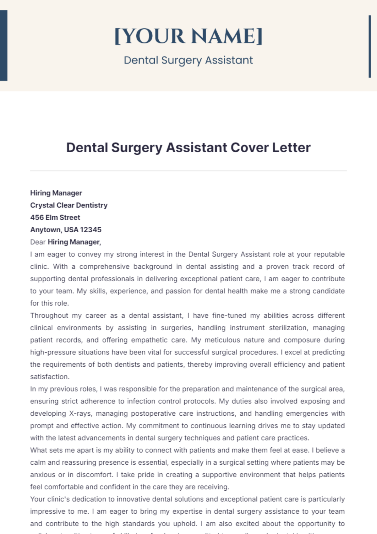 Dental Surgery Assistant Cover Letter - Edit Online & Download