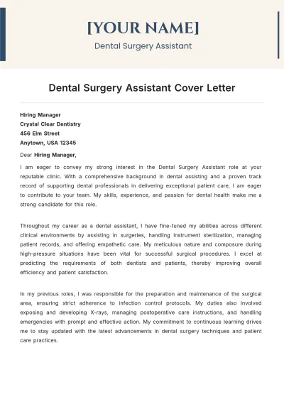 Free Dental Surgery Assistant Cover Letter to Edit Online