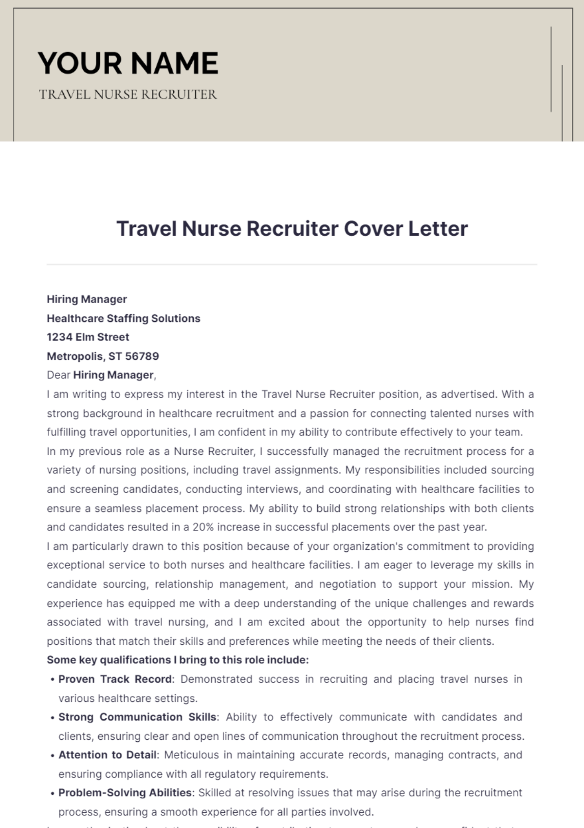 Travel Nurse Recruiter Cover Letter - Edit Online & Download