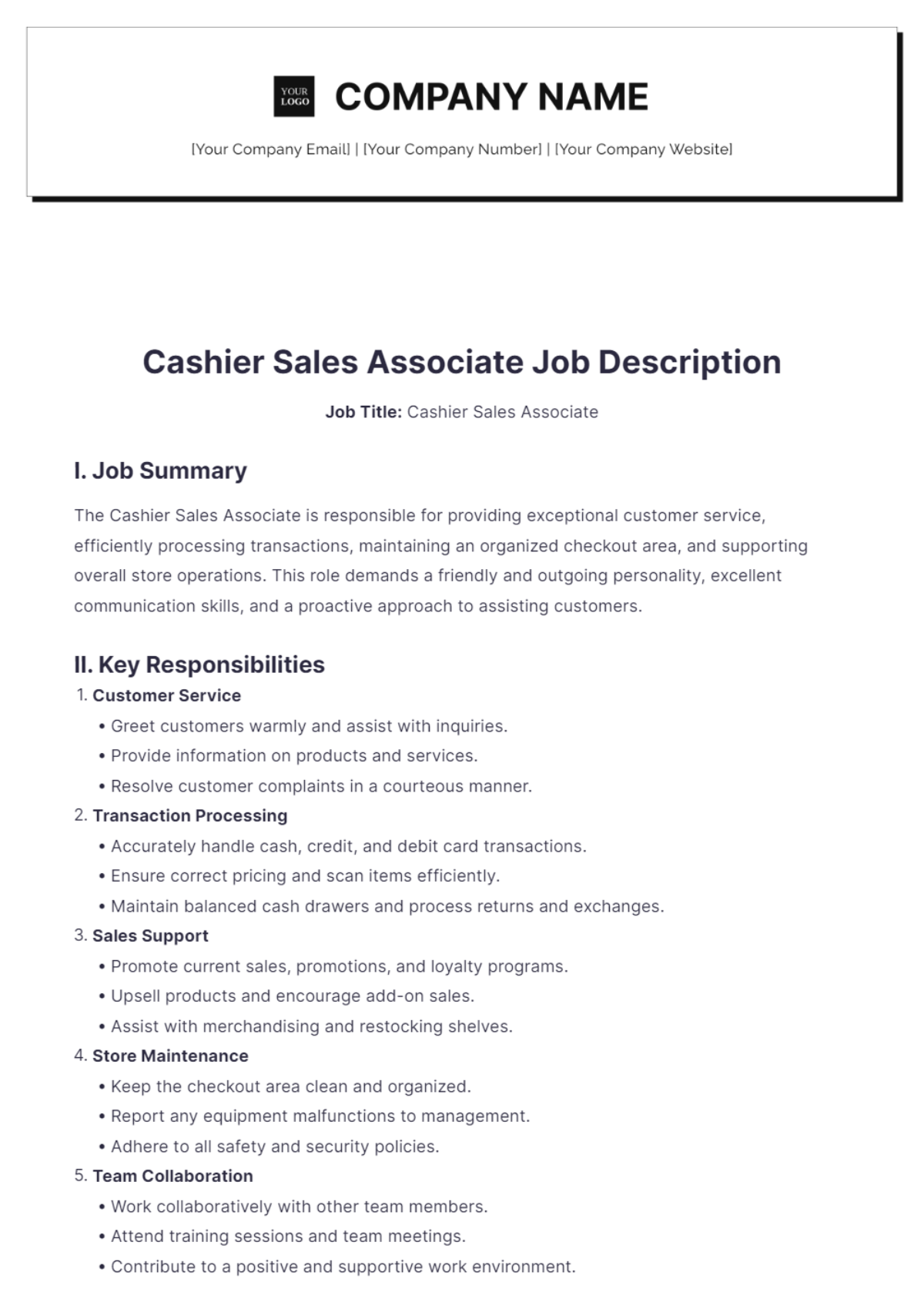 Cashier Sales Associate Job Description - Edit Online & Download