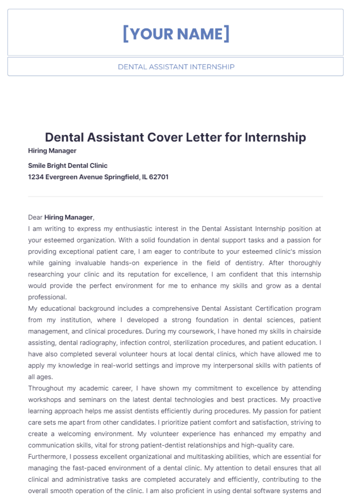 Dental Assistant Cover Letter for Internship - Edit Online & Download