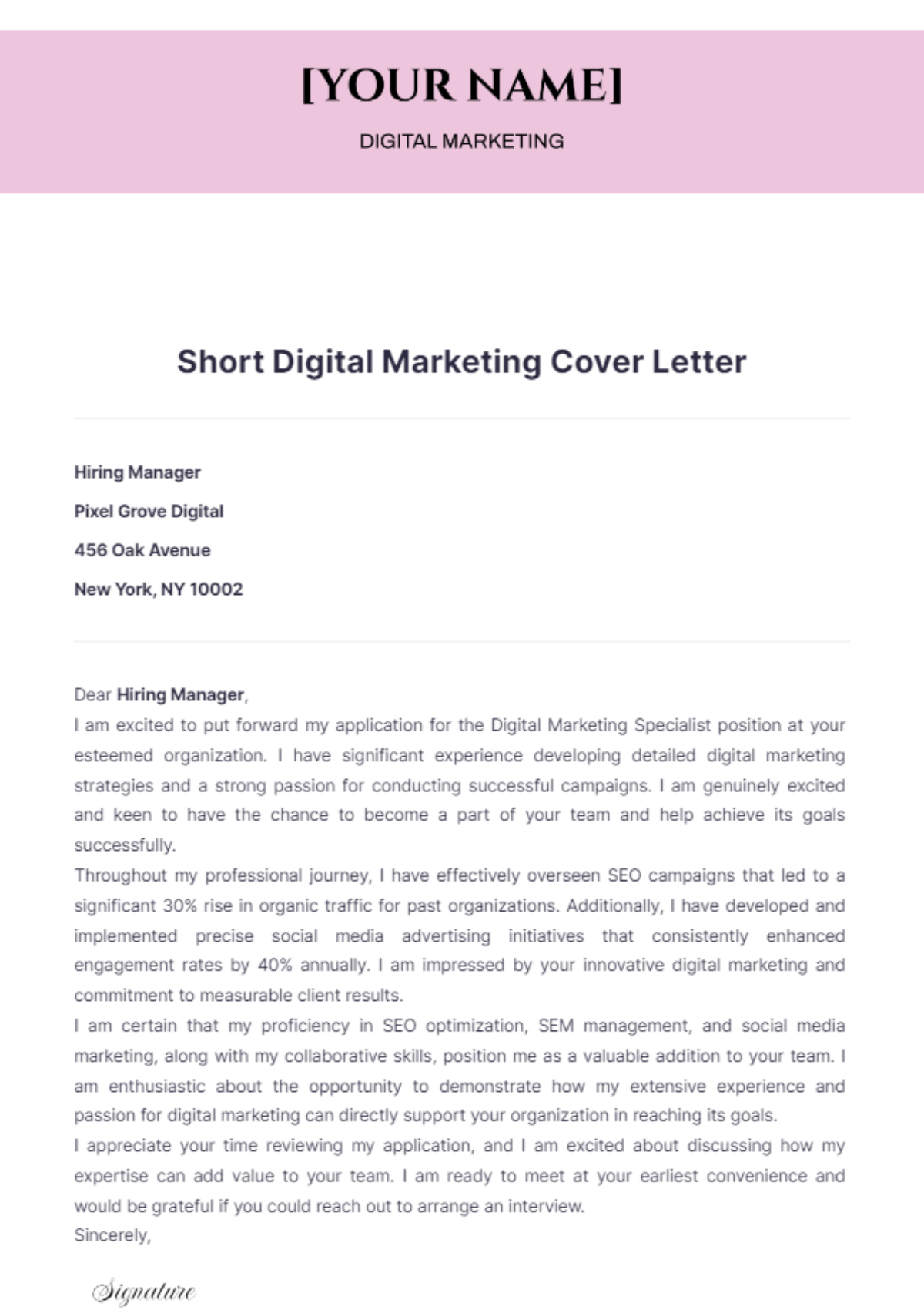 Short Digital Marketing Cover Letter - Edit Online & Download