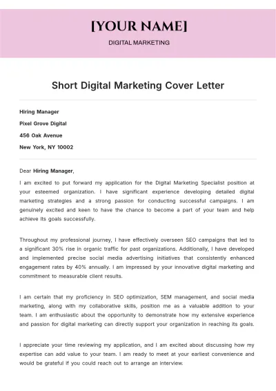 Free Short Digital Marketing Cover Letter to Edit Online