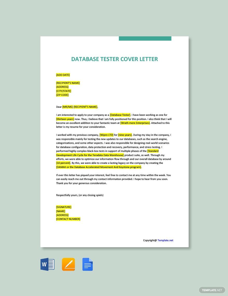 Database Tester Cover Letter Template - Google Docs, Word, Apple Pages