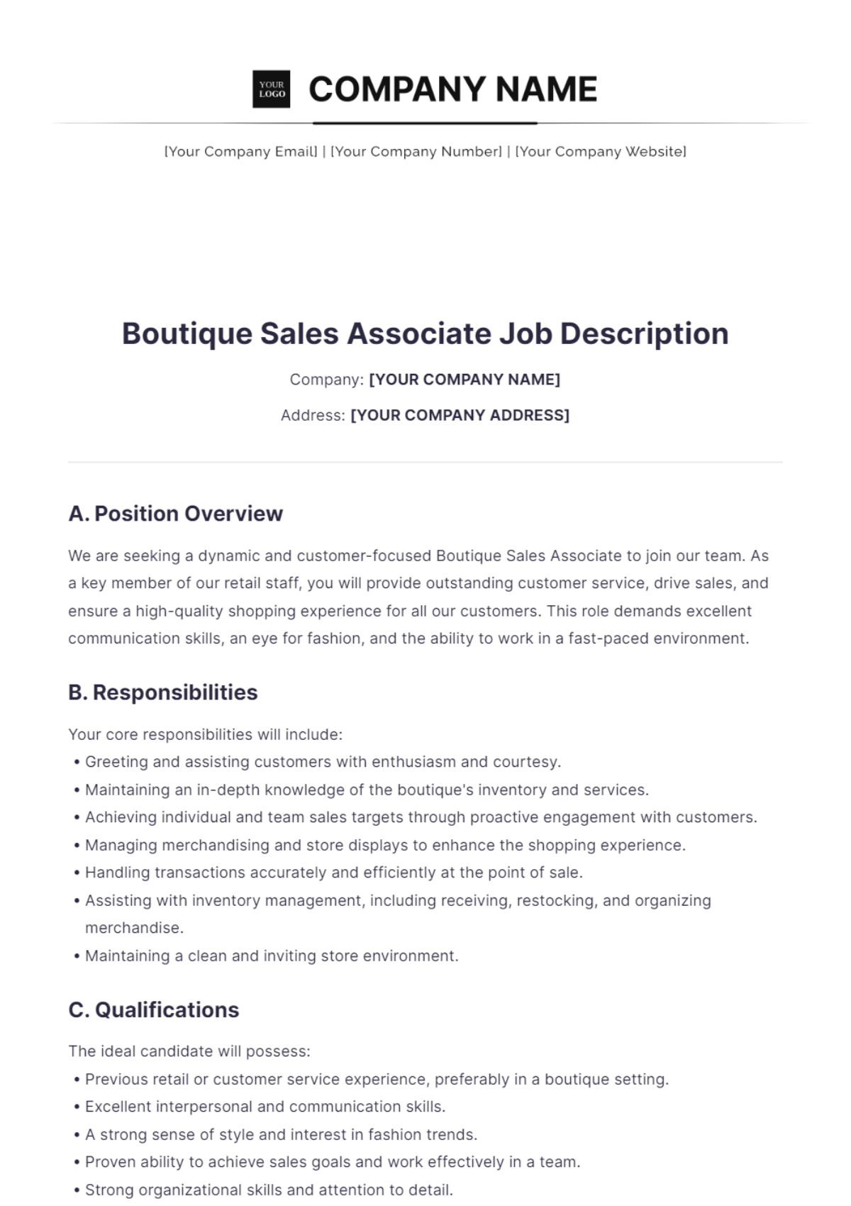 Boutique Sales Associate Job Description - Edit Online & Download