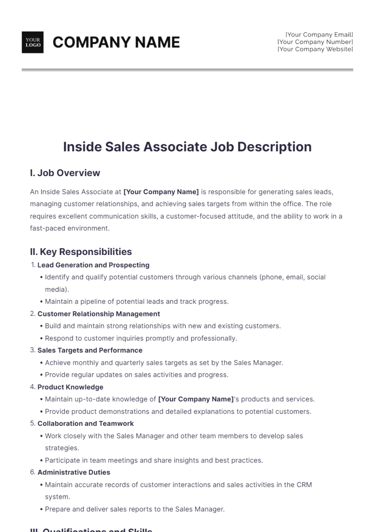 Inside Sales Associate Job Description - Edit Online & Download