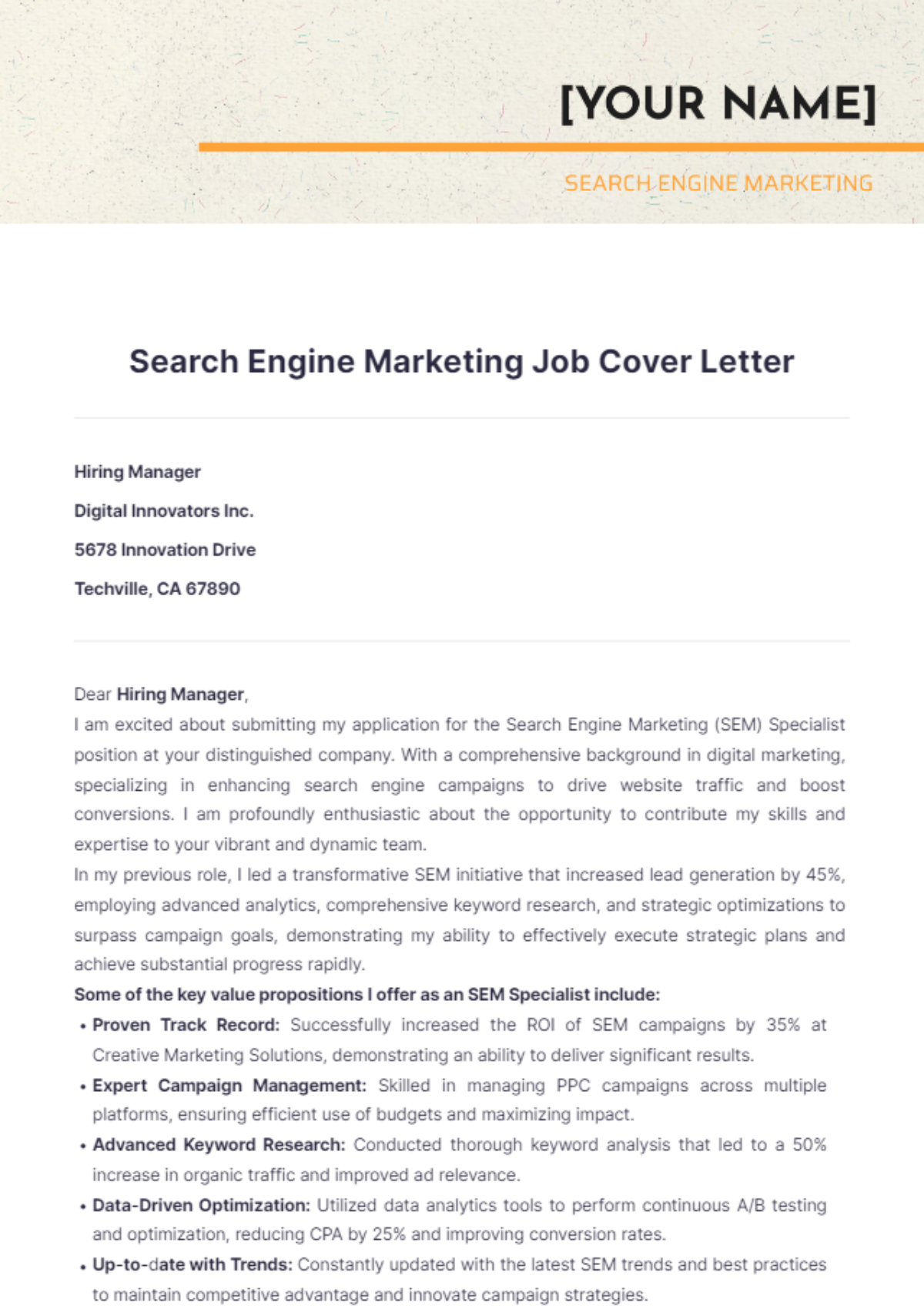 Search Engine Marketing Job Cover Letter - Edit Online & Download