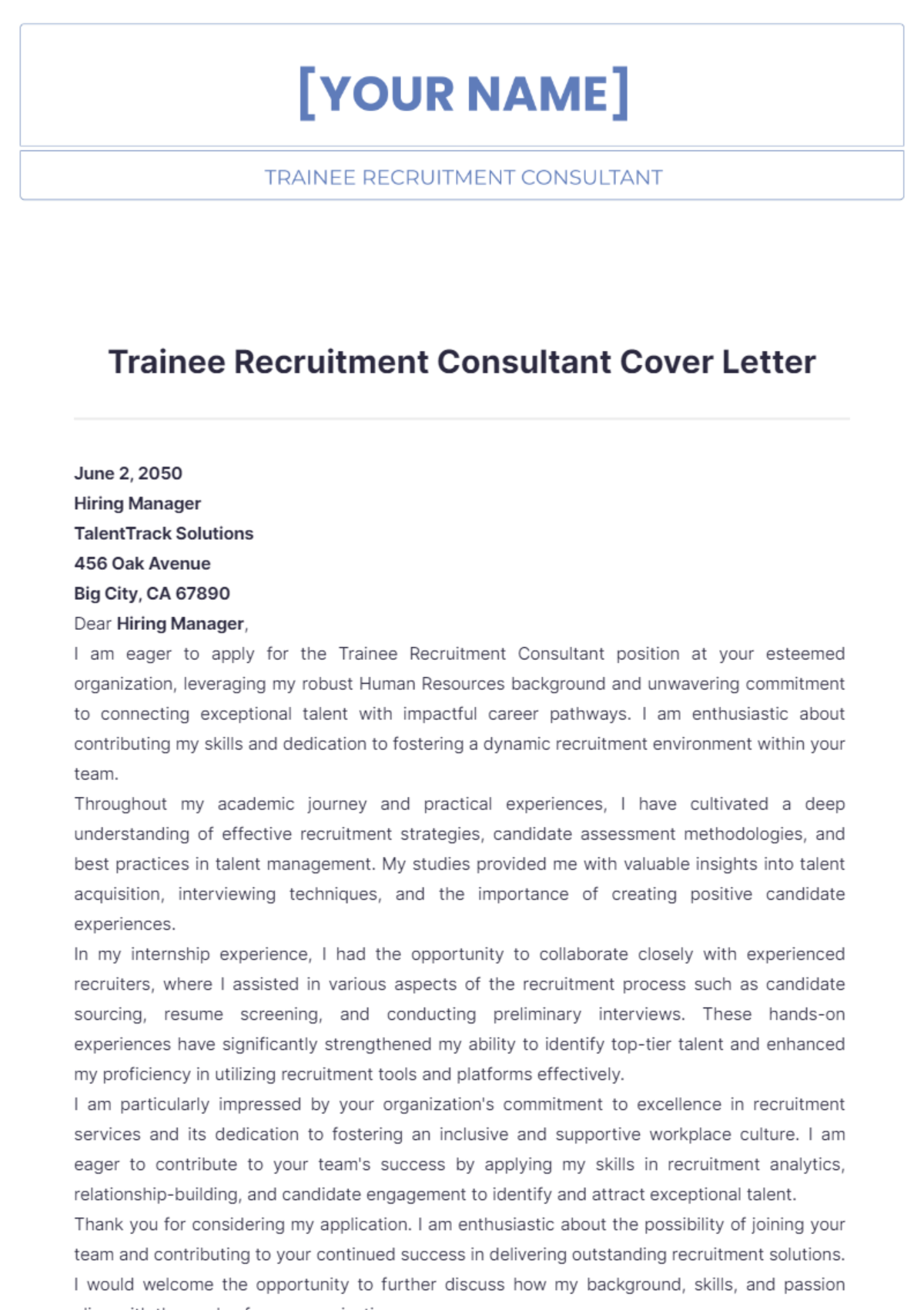 Trainee Recruitment Consultant Cover Letter - Edit Online & Download