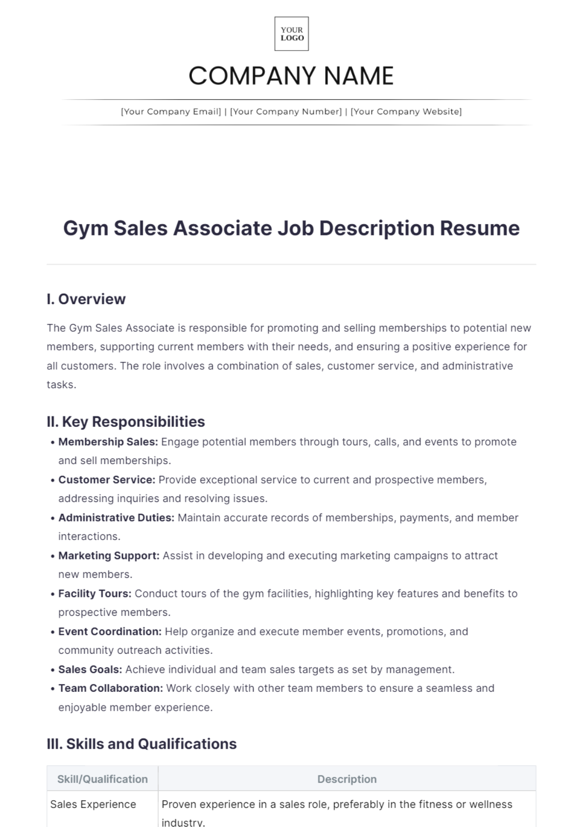 Gym Sales Associate Job Description Resume - Edit Online & Download