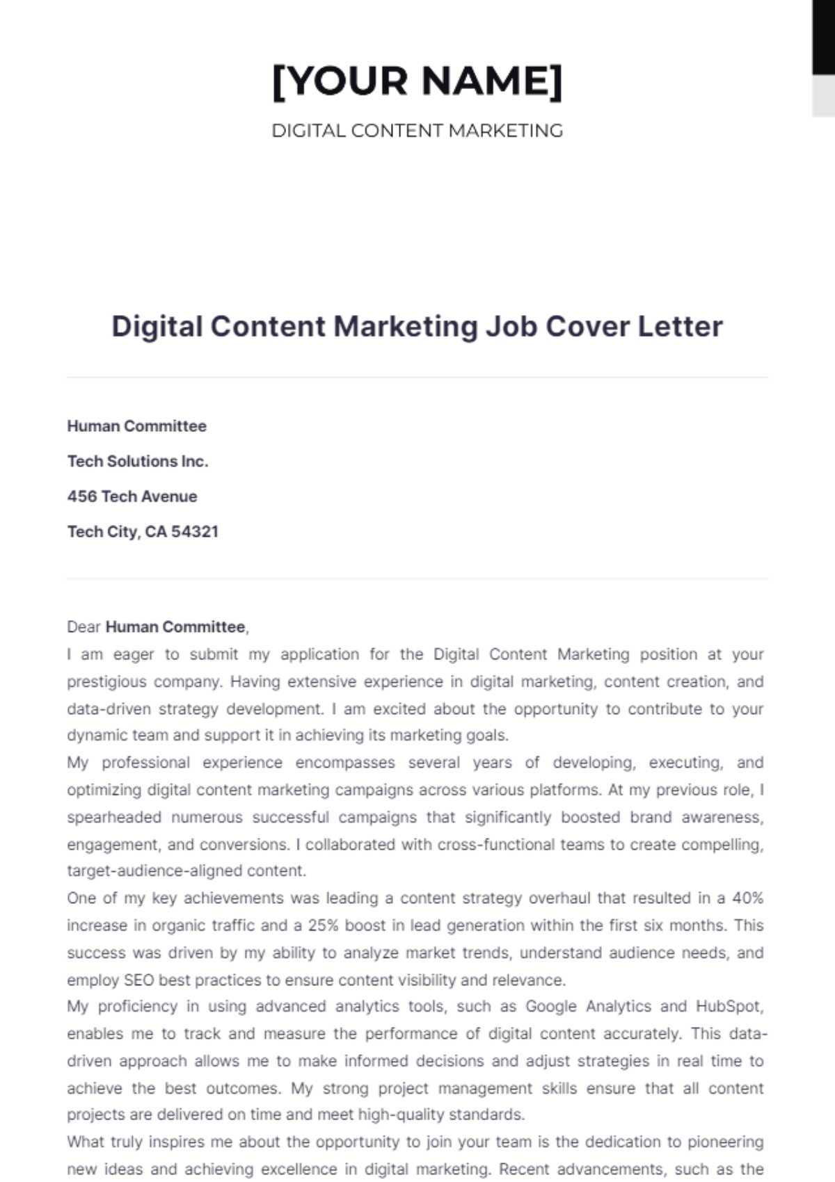 Digital Content Marketing Job Cover Letter - Edit Online & Download