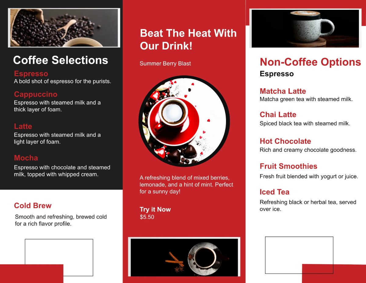 Free Cafe Beverage Brochure Template to Edit Online