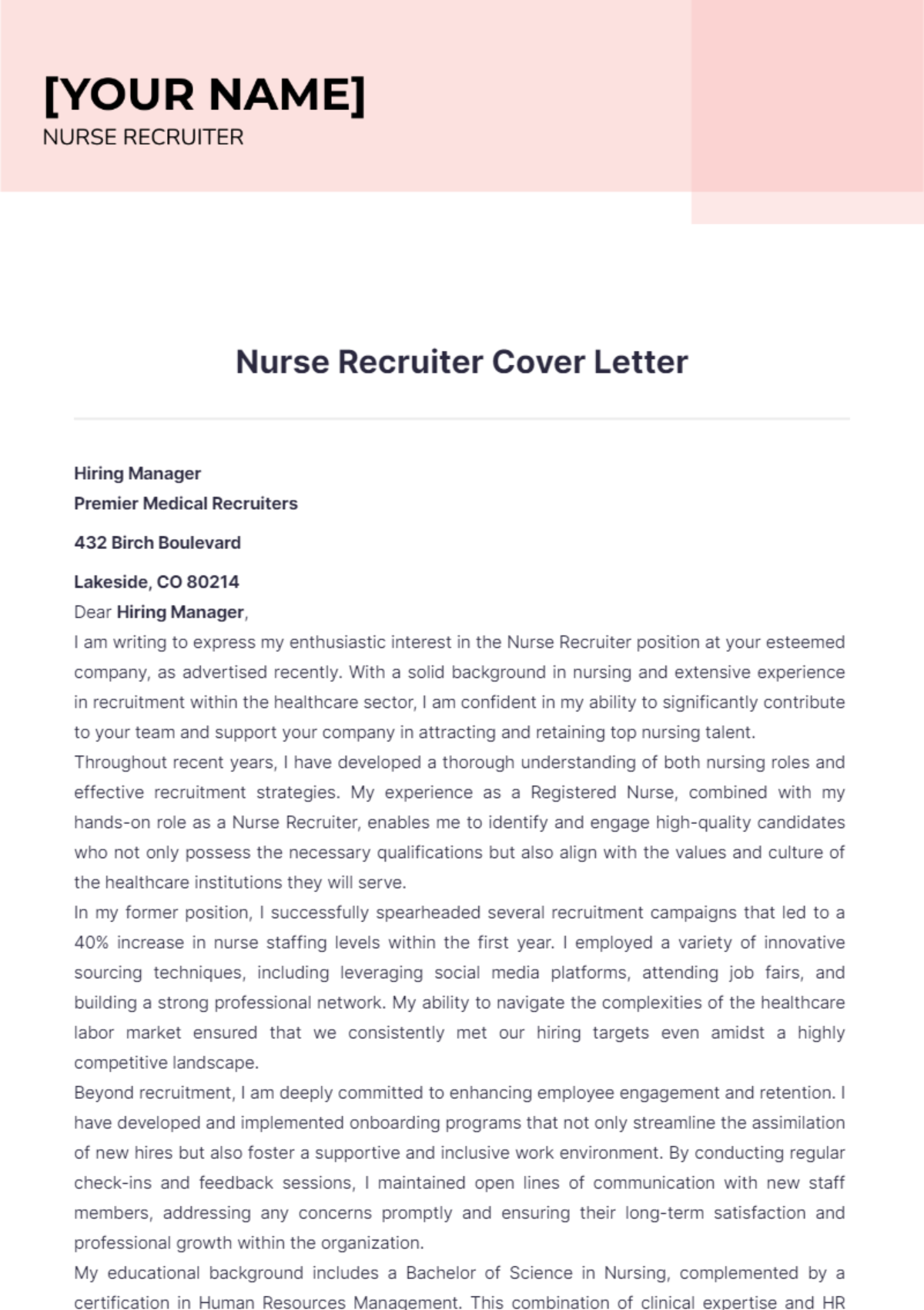 Nurse Recruiter Cover Letter - Edit Online & Download