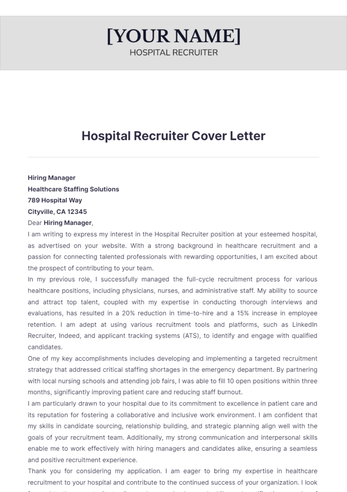 Hospital Recruiter Cover Letter - Edit Online & Download