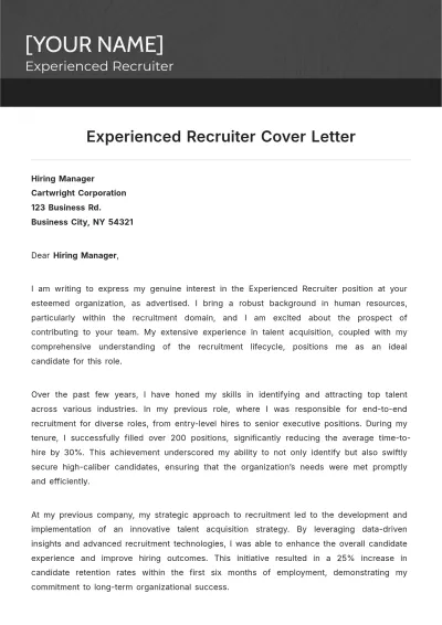 Free Experienced Recruiter Cover Letter to Edit Online