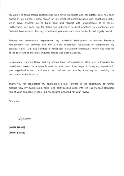 Free Experienced Recruiter Cover Letter to Edit Online