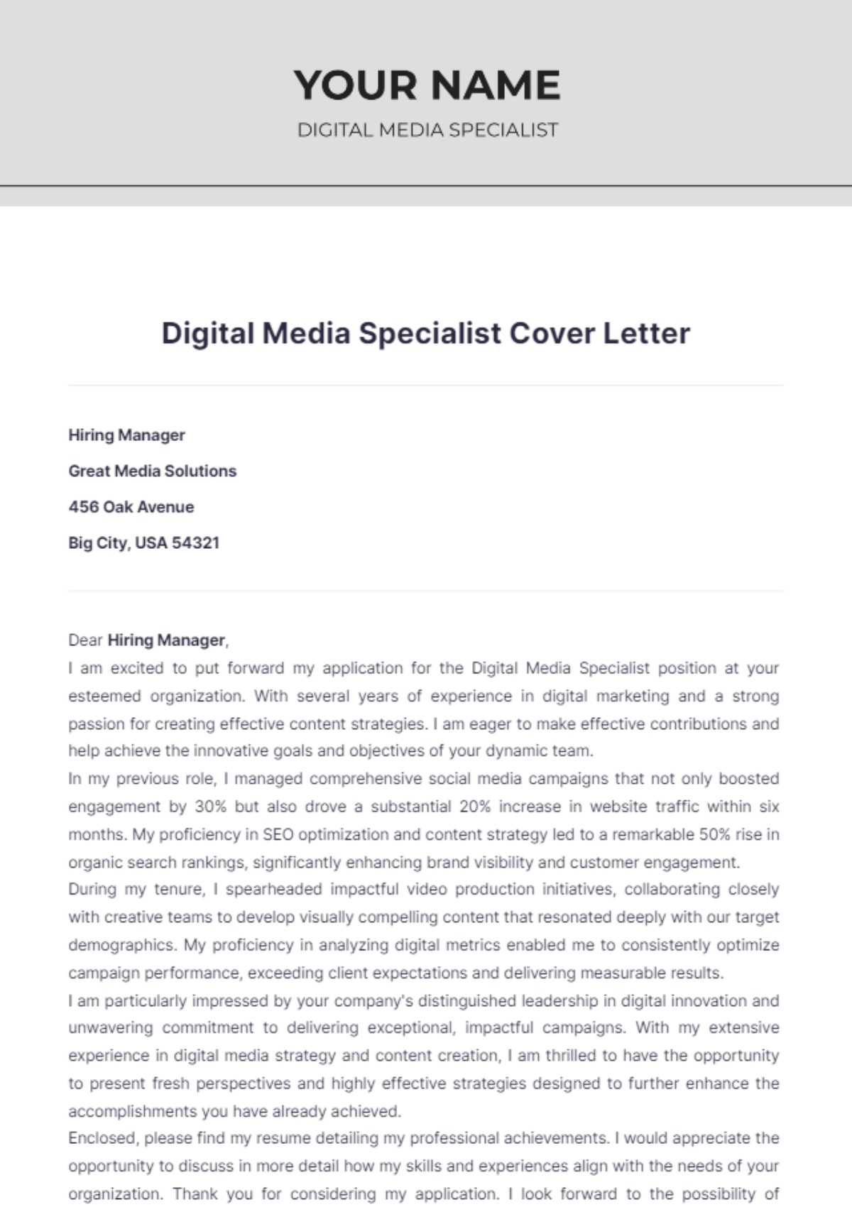 Digital Media Specialist Cover Letter | Template.net