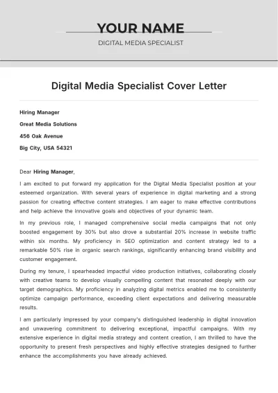 Free Digital Media Specialist Cover Letter to Edit Online