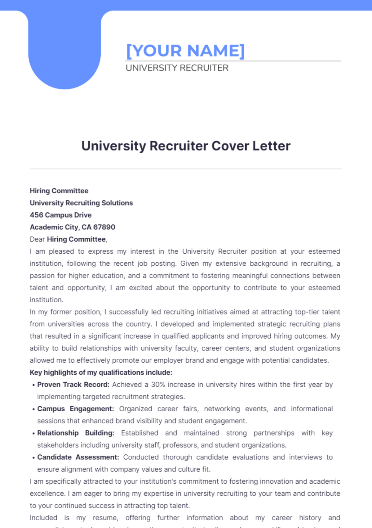 University Recruiter Cover Letter - Edit Online & Download