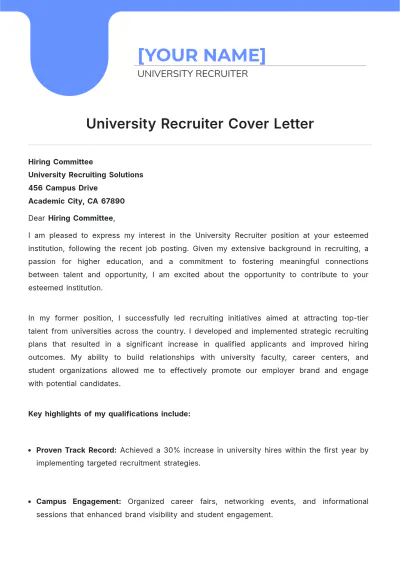 Free University Recruiter Cover Letter to Edit Online