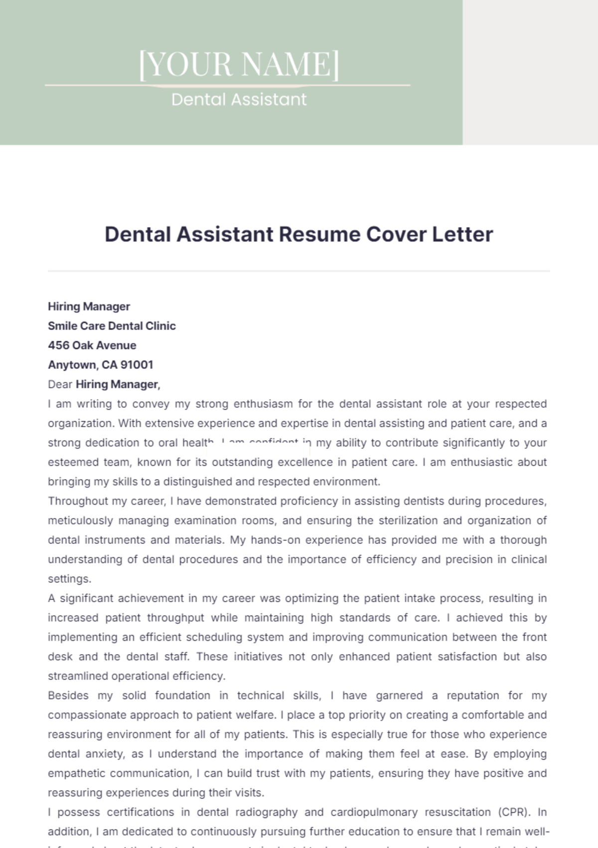 Dental Assistant Resume Cover Letter - Edit Online & Download