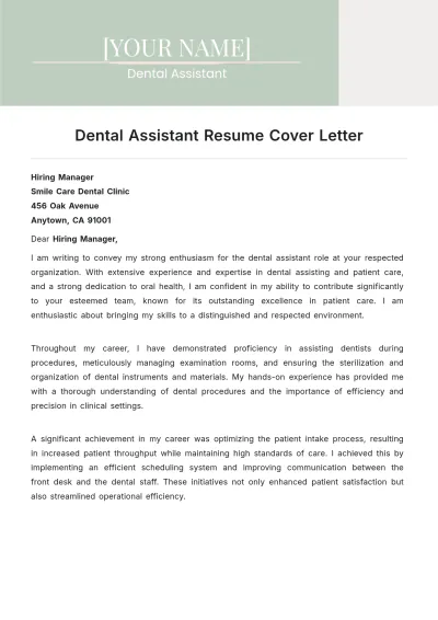 Free Dental Assistant Resume Cover Letter to Edit Online