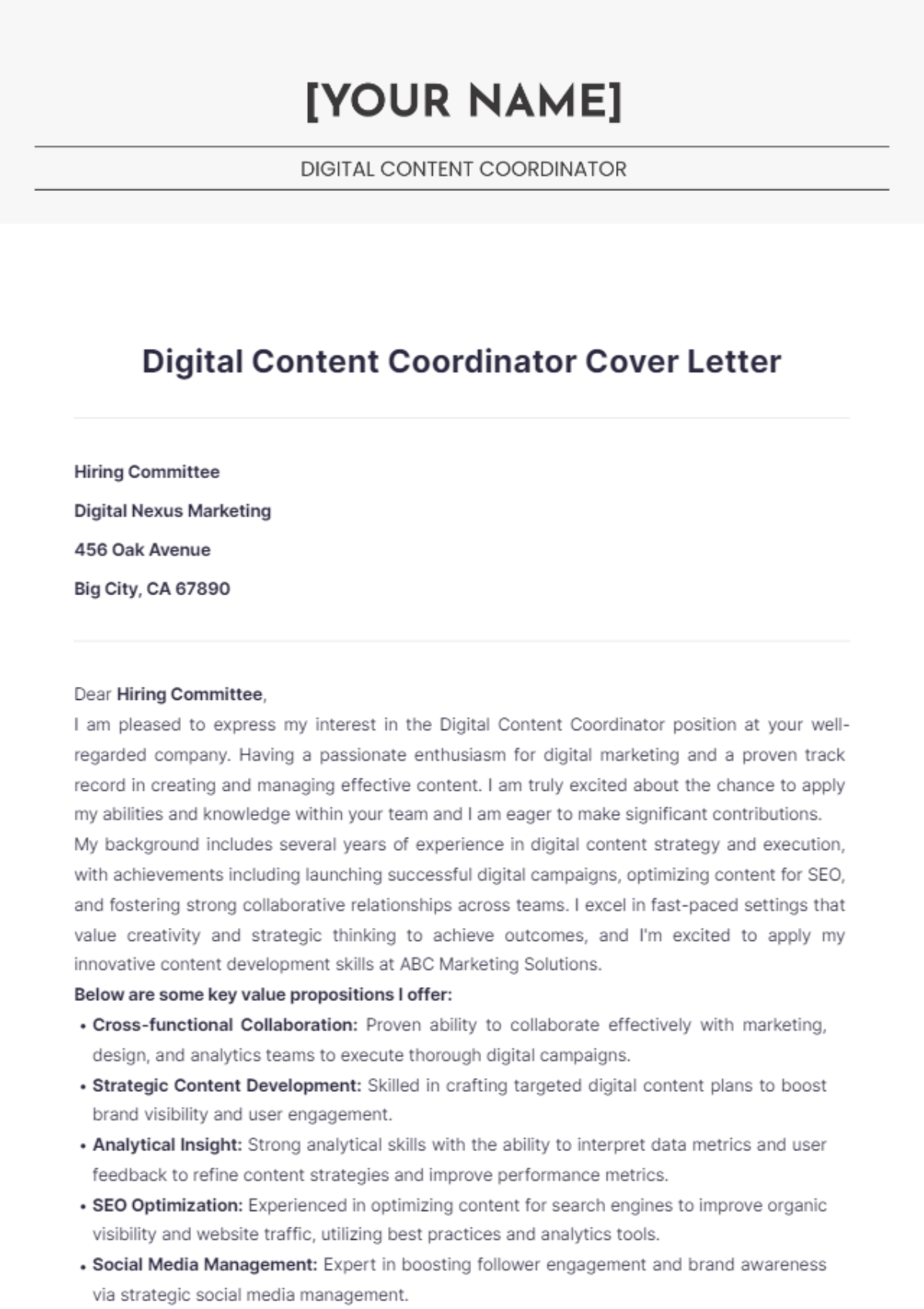 Digital Content Coordinator Cover Letter - Edit Online & Download