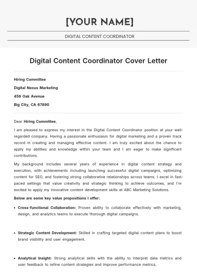 Free Digital Content Coordinator Cover Letter to Edit Online