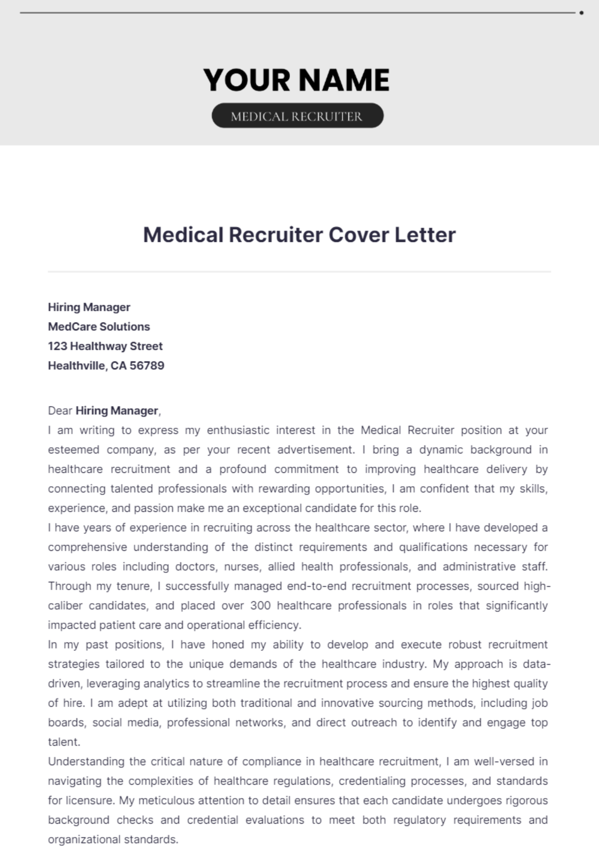 Medical Recruiter Cover Letter - Edit Online & Download