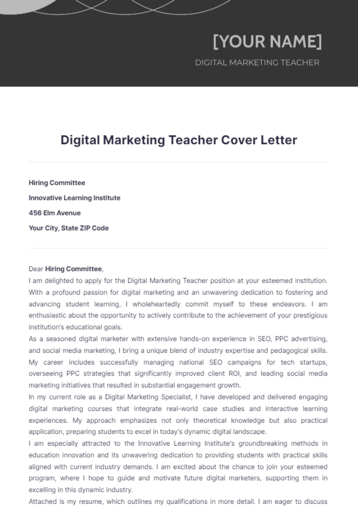 Digital Marketing Teacher Cover Letter - Edit Online & Download