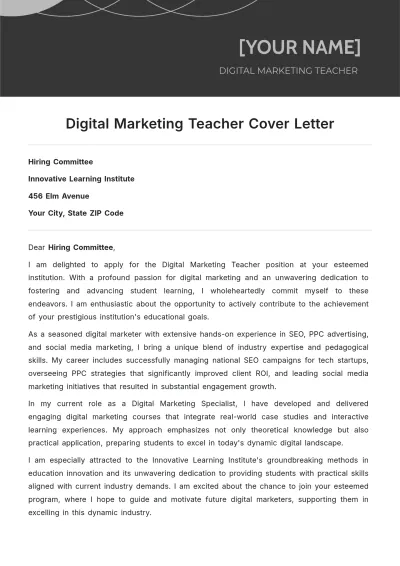 Free Digital Marketing Teacher Cover Letter to Edit Online
