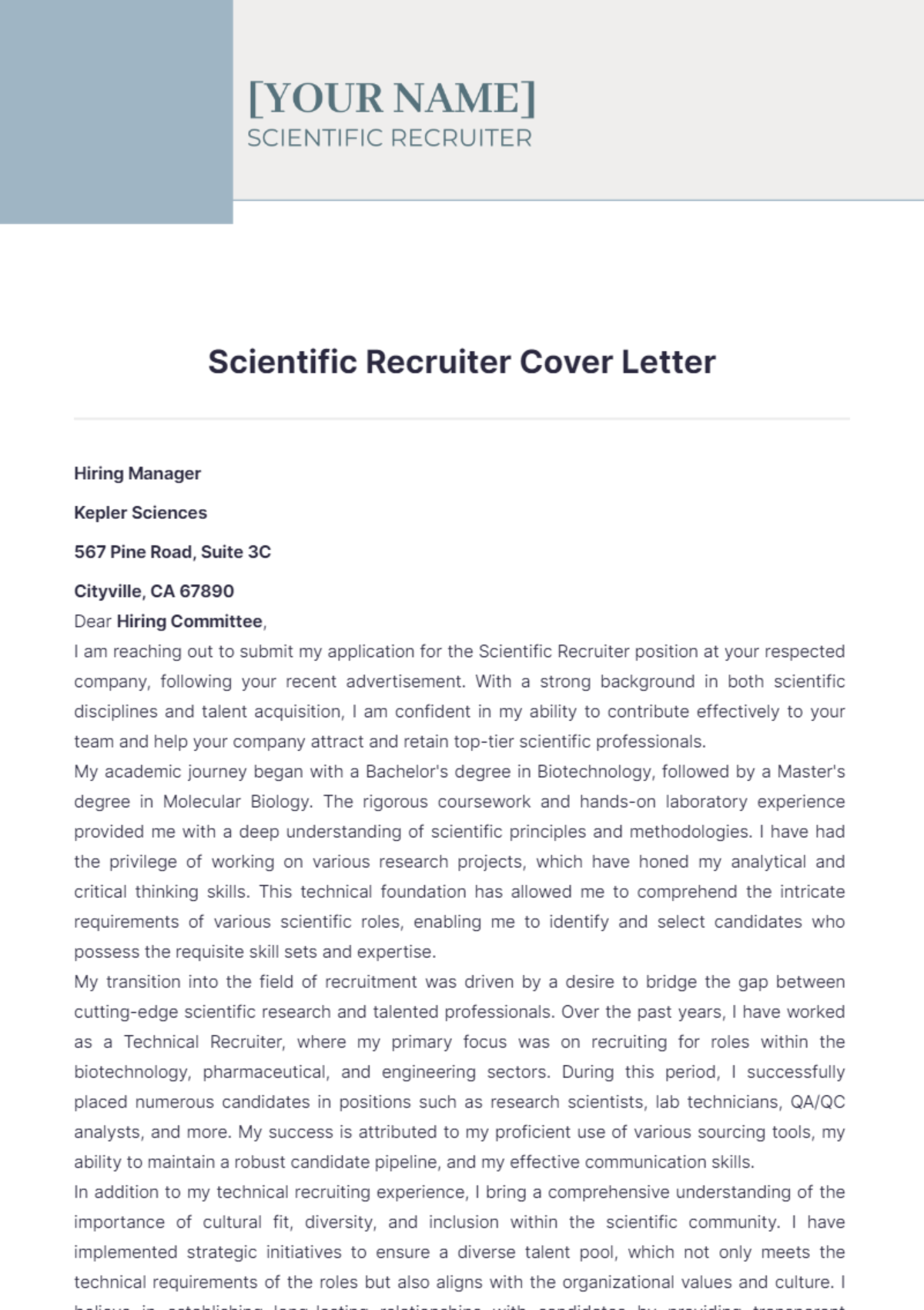 Scientific Recruiter Cover Letter - Edit Online & Download