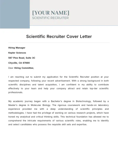 Free Scientific Recruiter Cover Letter to Edit Online