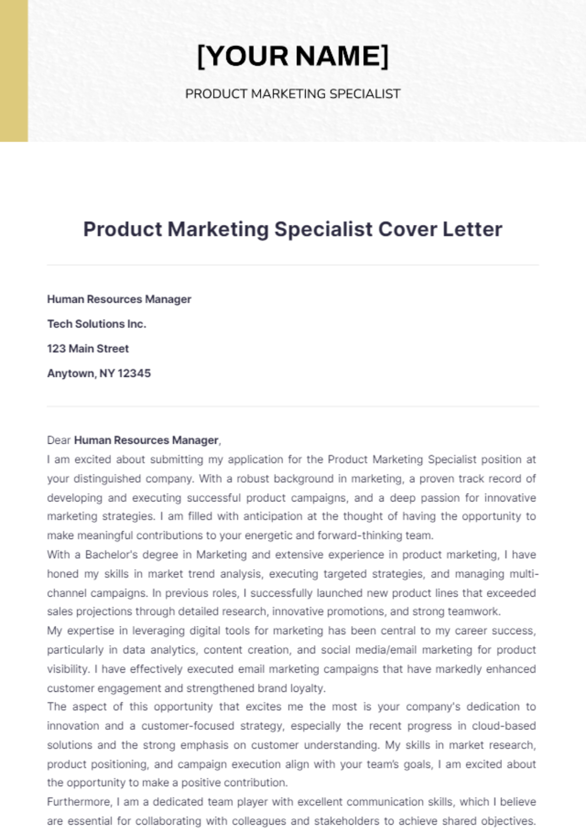 Product Marketing Specialist Cover Letter - Edit Online & Download