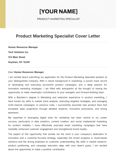 Free Product Marketing Specialist Cover Letter to Edit Online