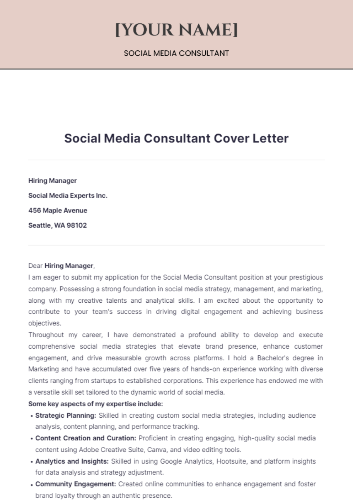 Social Media Consultant Cover Letter - Edit Online & Download