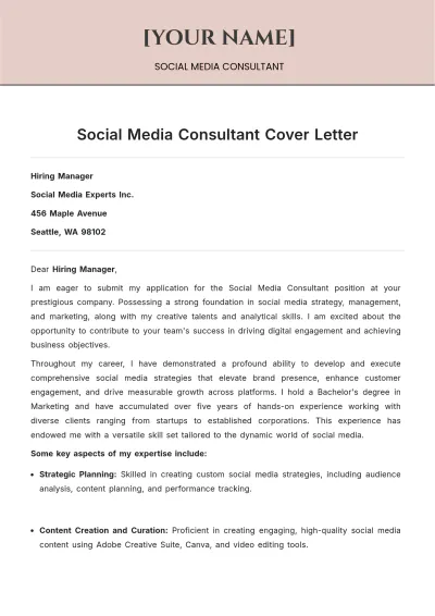 Free Social Media Consultant Cover Letter to Edit Online