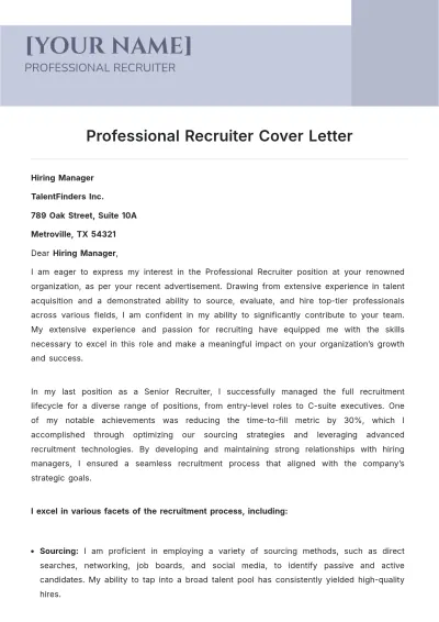 Free Professional Recruiter Cover Letter to Edit Online