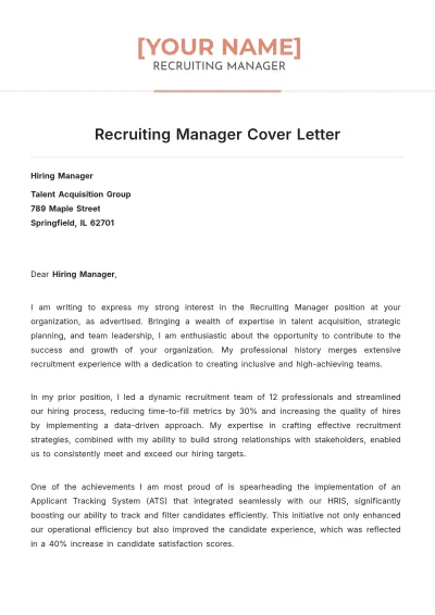 Free Recruiting Manager Cover Letter to Edit Online