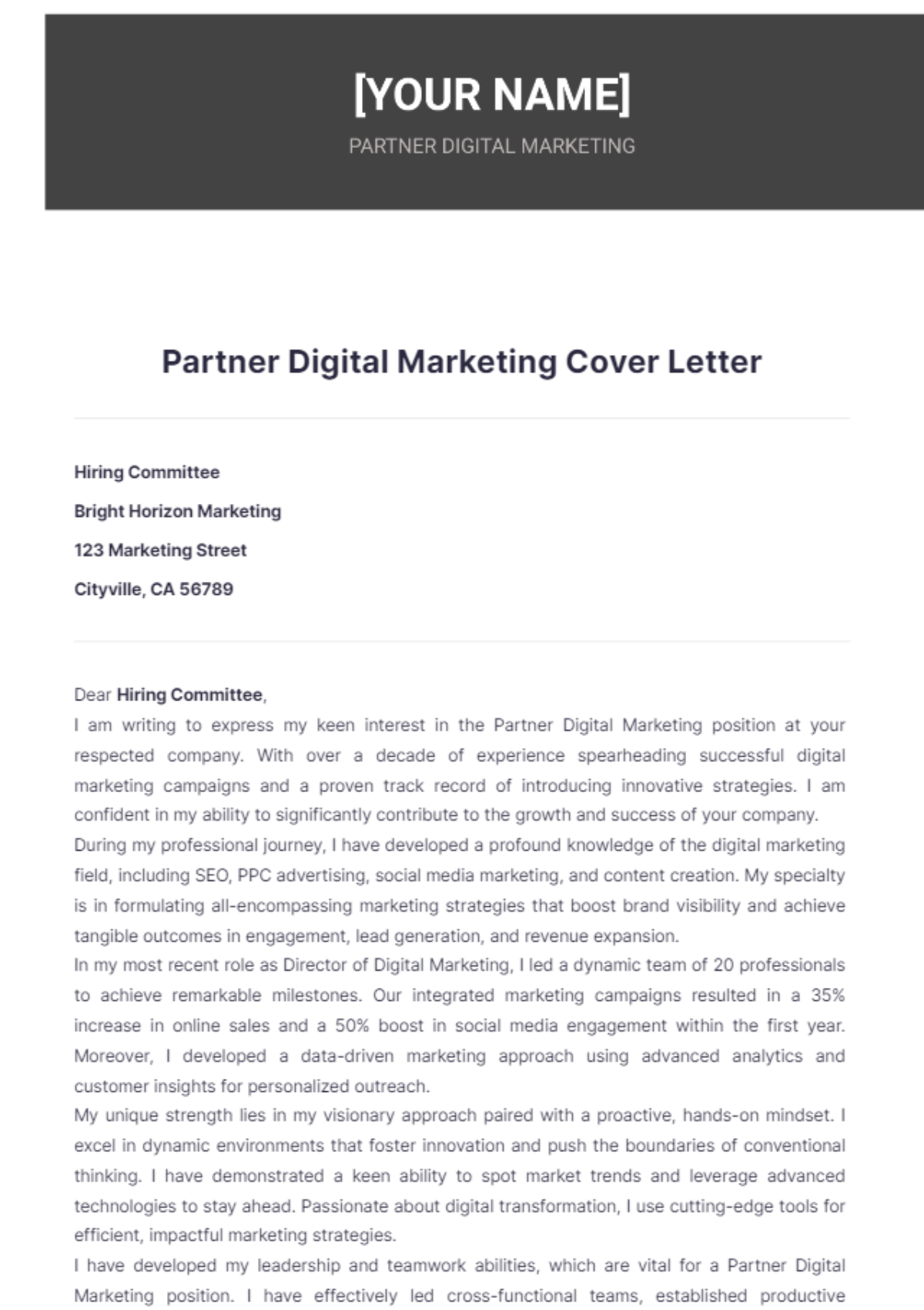 Partner Digital Marketing Cover Letter - Edit Online & Download